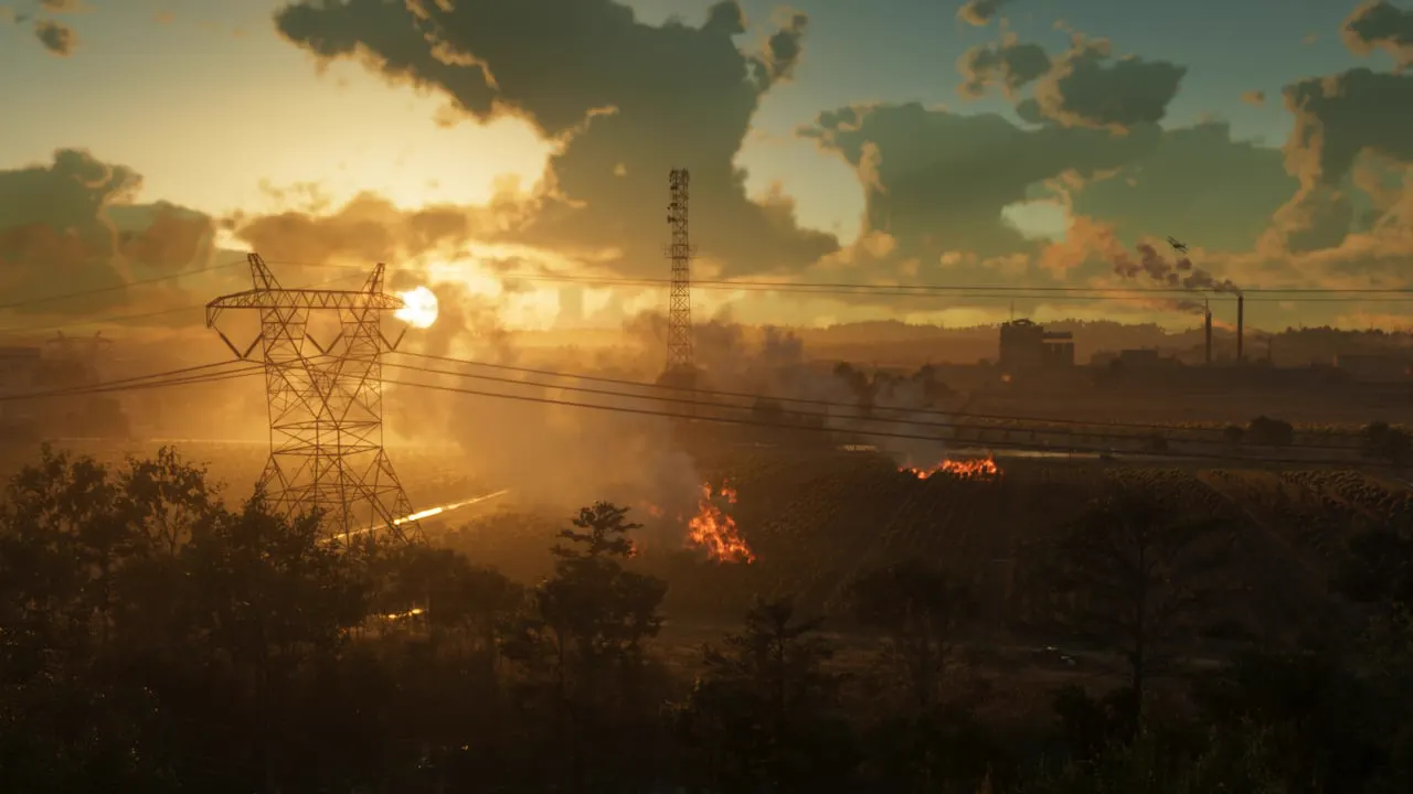 Un campo de cultivos que arde al atardecer en Ambrosia.