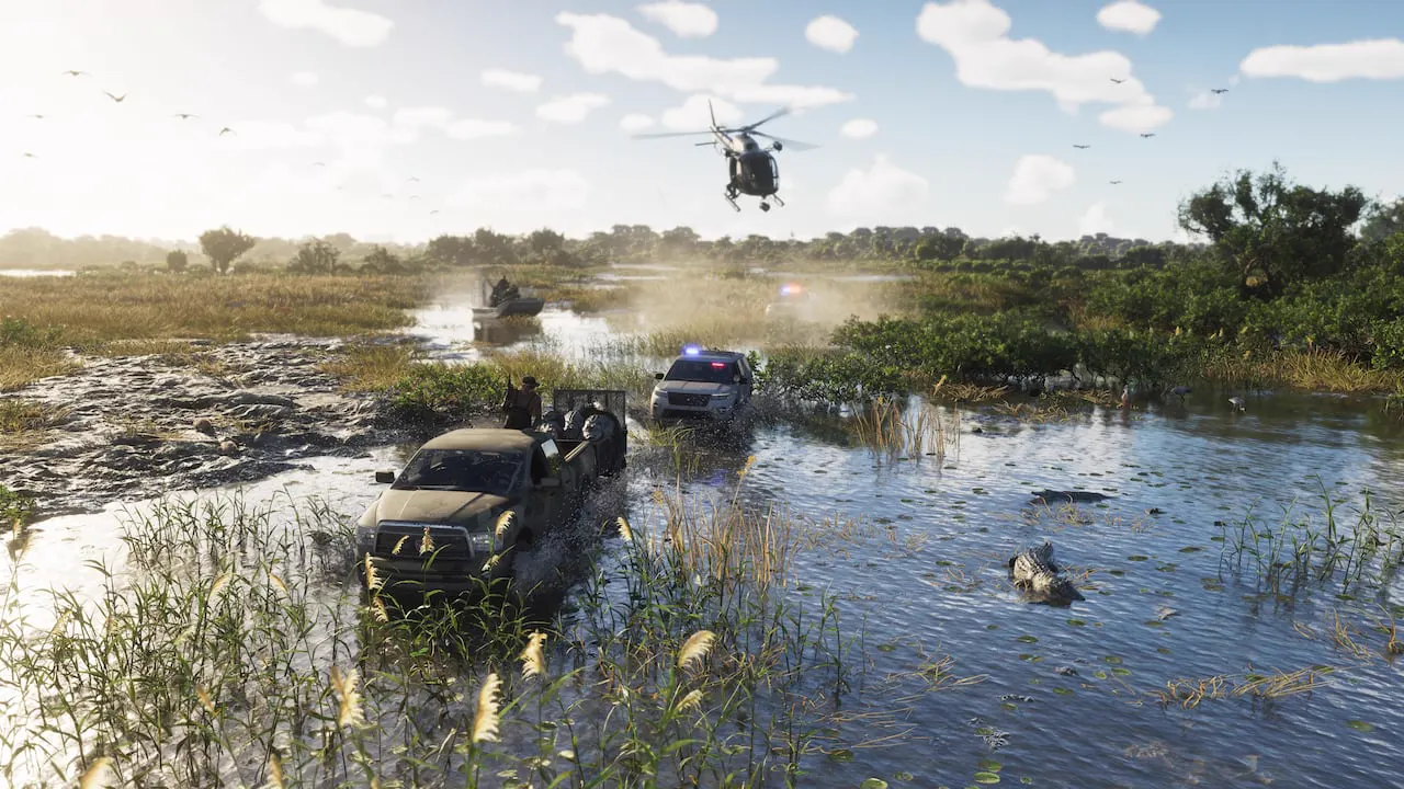 Un helicóptero y dos patrullas persiguen una camioneta a través de un pantano con caimanes en Grassrivers. Se ve un hidrodeslizador al fondo.